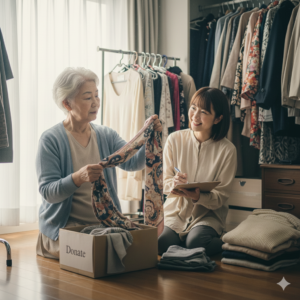 捨てられない母親をサポートしながら、実家の片付けをする親子